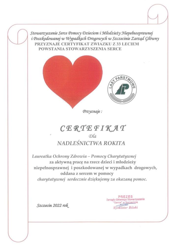 Certyfikat&#x20;Stowarzyszenia&#x20;serce&#x20;dla&#x20;Nadleśnictwa&#x20;Rokita